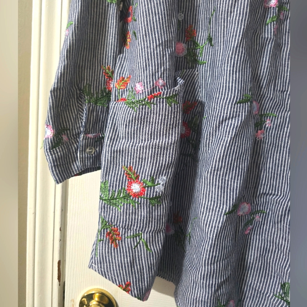 For Cynthia Linen & Cotton Striped Floral Embroidered Popover Tunic, Sz 2X, EUC! - Picture 4 of 14